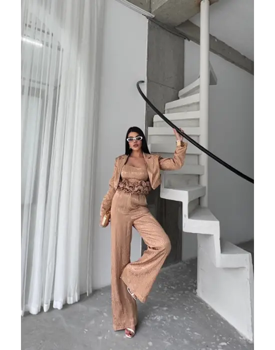 Omarı Jakarlı Tasarım Detaylı 3lü Takım - Bej