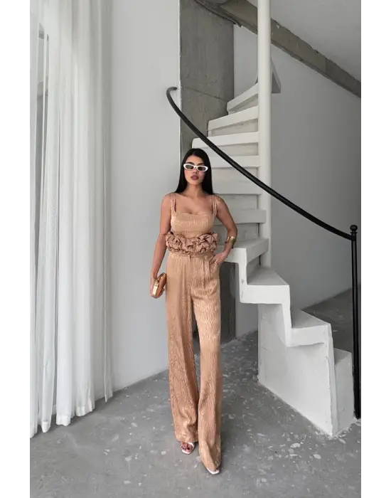 Omarı Jakarlı Tasarım Detaylı 3lü Takım - Bej