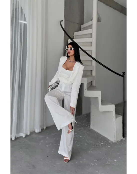 JAKARLI BLUZU TASARIM DETAYLI CEKET-PANTOLON-BLUZ 3 LÜ TAKIM - Beyaz