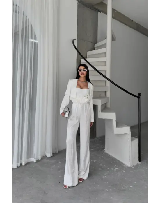 JAKARLI BLUZU TASARIM DETAYLI CEKET-PANTOLON-BLUZ 3 LÜ TAKIM - Beyaz