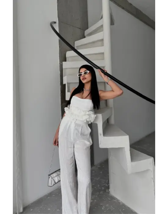 JAKARLI BLUZU TASARIM DETAYLI CEKET-PANTOLON-BLUZ 3 LÜ TAKIM - Beyaz