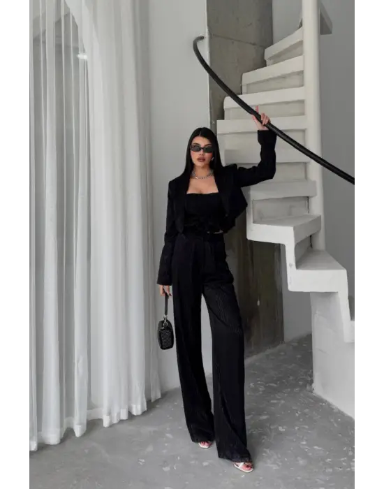 JAKARLI BLUZU TASARIM DETAYLI CEKET-PANTOLON-BLUZ 3 LÜ TAKIM - Siyah