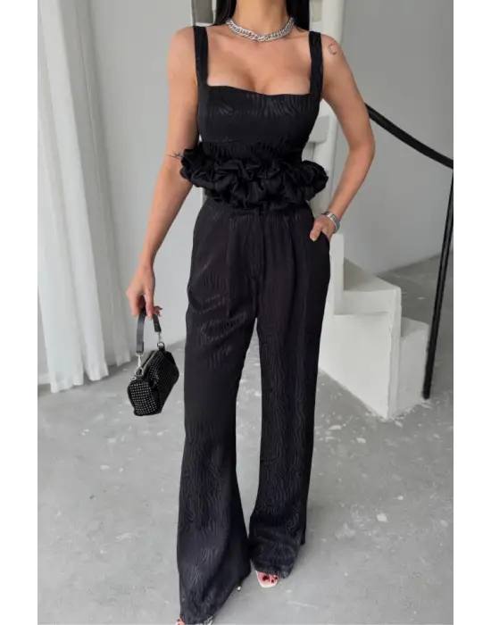 Omarı Tasarım Detaylı Takım Siyah - Jakarlı Bluzlu Ceket Pantolon Bluz