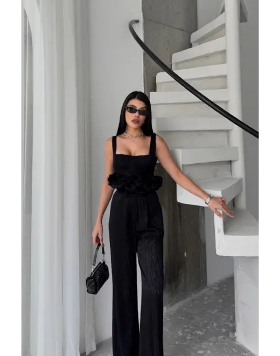 Omarı Tasarım Detaylı Takım Siyah - Jakarlı Bluzlu Ceket Pantolon Bluz