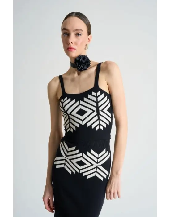 Jakarlı İnce AskılıTriko Takım - Siyah-Beyaz Kayısı