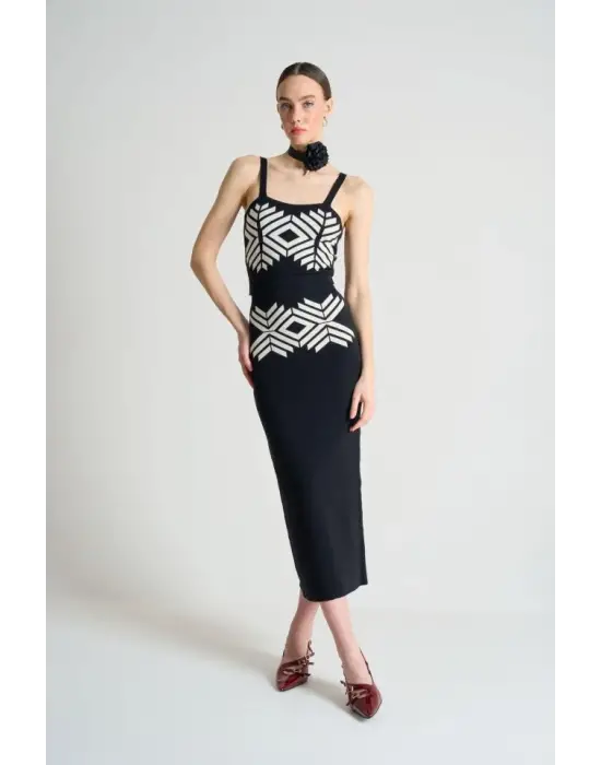 Jakarlı İnce AskılıTriko Takım - Siyah-Beyaz Kayısı