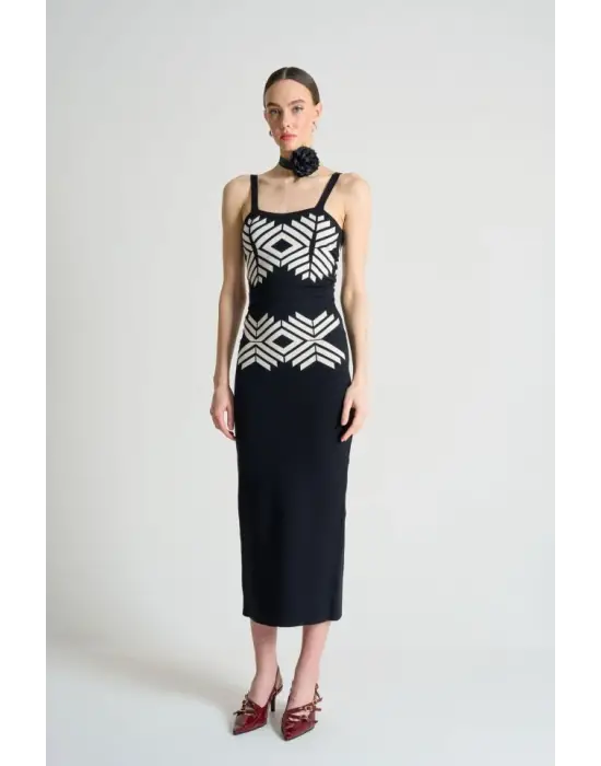 Jakarlı İnce AskılıTriko Takım - Siyah-Beyaz Kayısı