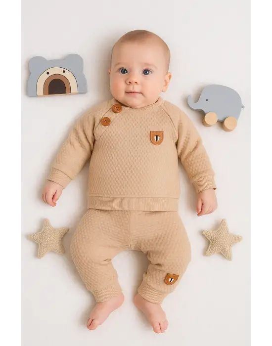 Jakarlı Omuzdan Düğmeli 2li Erkek Bebek Takımı