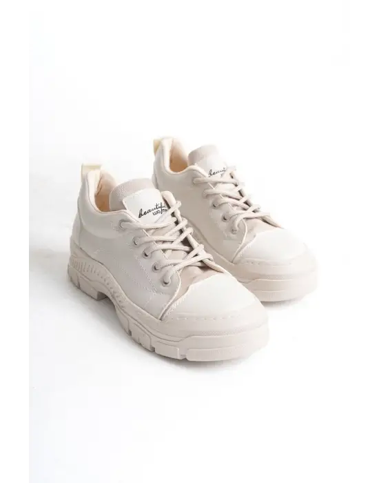 JANE Bağcıklı Rahat tabanlı ayakkabı Tabaan Bayan Spor tabanlı ayakkabı Spor Ayakkabı  CKısa Topuk - Krem