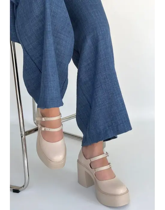 Jarlo Bej Cilt Dolgu Topuk Ayakkabı