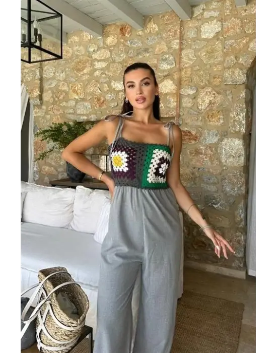 Omarı Zarif Jasmin Desenli Keten Tulum