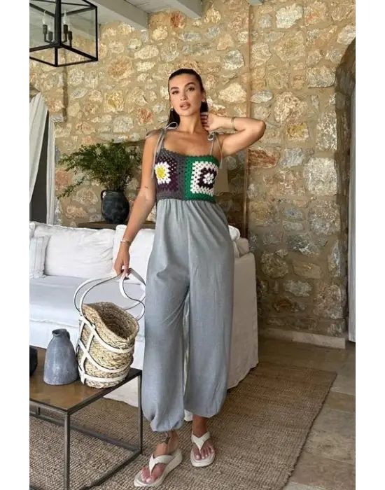 Omarı Zarif Jasmin Desenli Keten Tulum