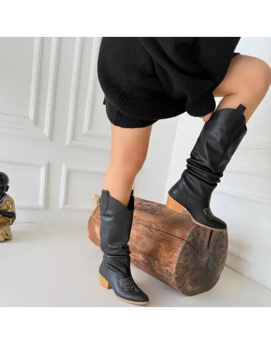 Omarı Siyah Cilt Topuklu Çizme - Trend ve Şık Modeller