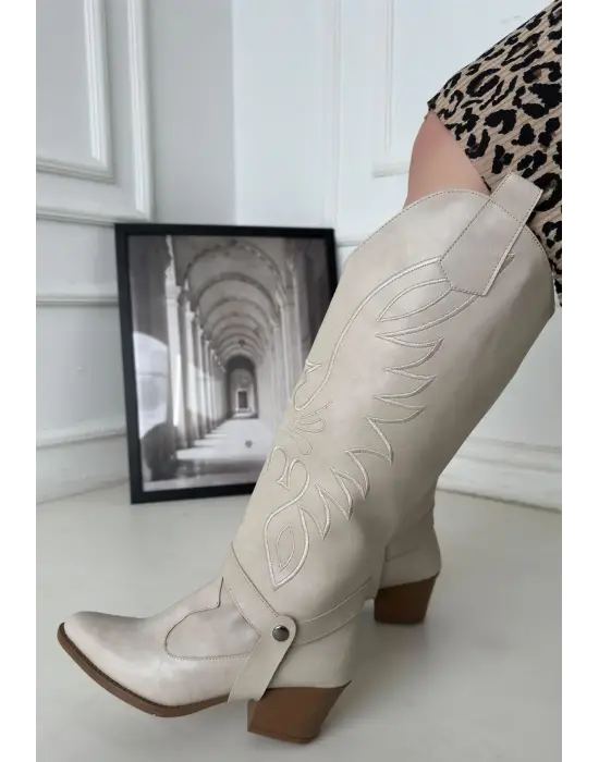 Jilla Bej Cilt Tak Çıkar Topuklu Bot Ve Çizme