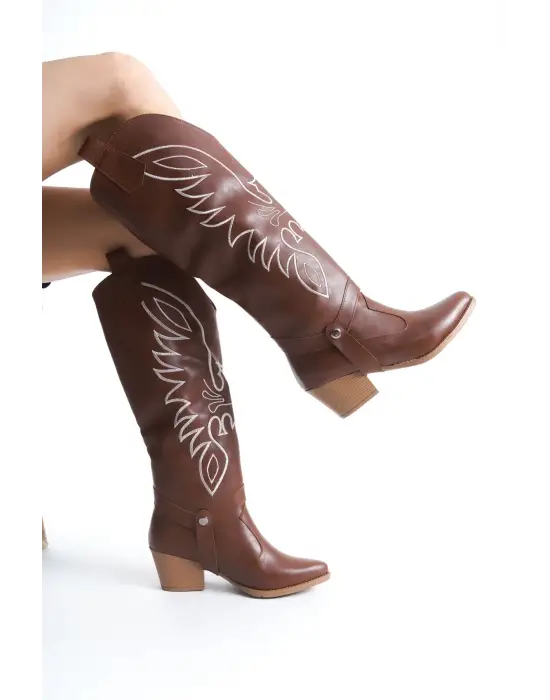 Omarı Taba Renkli Topuklu Çizme