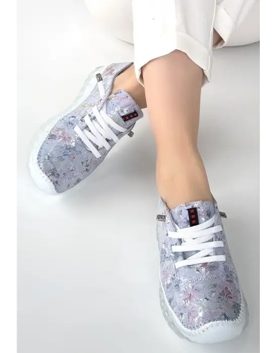 Jiten Lila Desenli Deri Bağcıklı Spor Ayakkabı