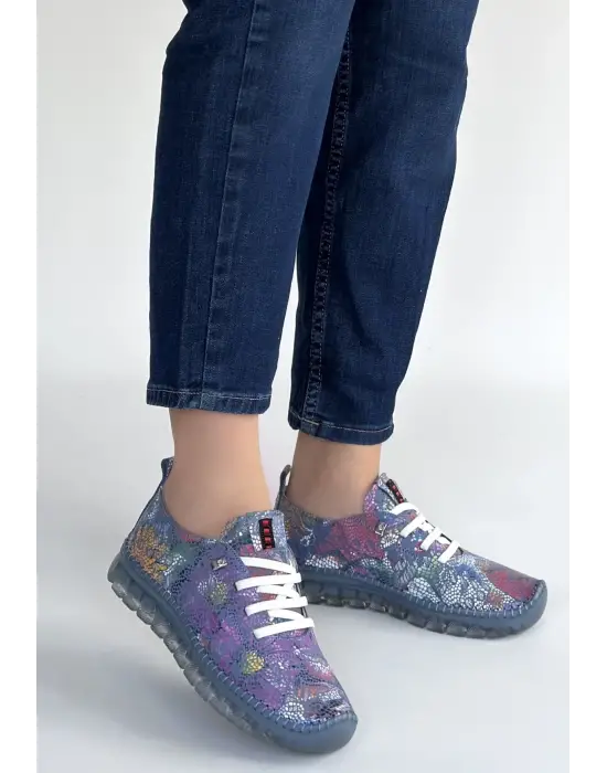 Jiten Mor Desenli Deri Bağcıklı Spor Ayakkabı