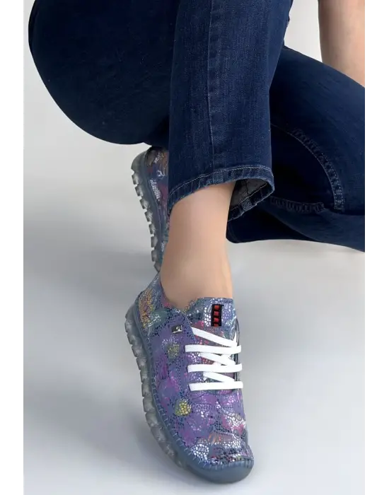 Jiten Mor Desenli Deri Bağcıklı Spor Ayakkabı