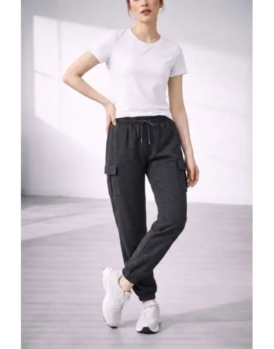 Jogger Eşofman Altı Rahat Kalıp, Kargo Cepli, Lastikli Paça, Günlük Spor Pantolon - Füme