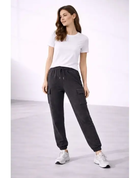 Jogger Eşofman Altı Rahat Kalıp, Kargo Cepli, Lastikli Paça, Günlük Spor Pantolon - Füme