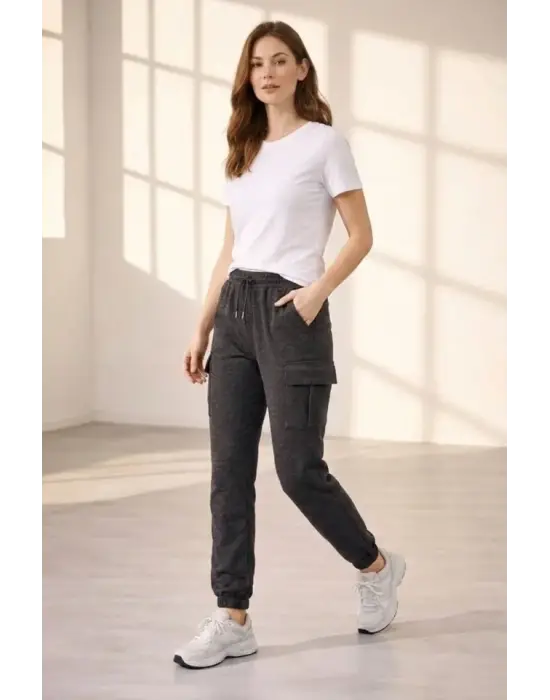 Jogger Eşofman Altı Rahat Kalıp, Kargo Cepli, Lastikli Paça, Günlük Spor Pantolon - Füme