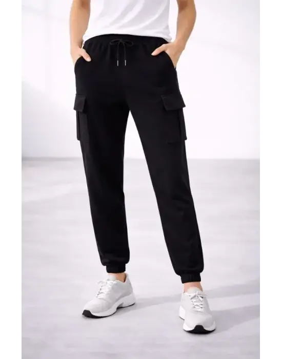 Jogger Eşofman Altı Rahat Kalıp, Kargo Cepli, Lastikli Paça, Günlük Spor Pantolon - Siyah