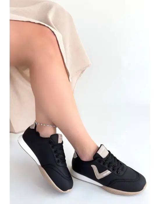 Jowen Siyah Cilt Bej Detaylı Bağcıklı Spor Ayakkabı