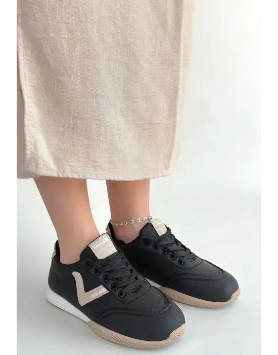 Jowen Siyah Cilt Bej Detaylı Bağcıklı Spor Ayakkabı