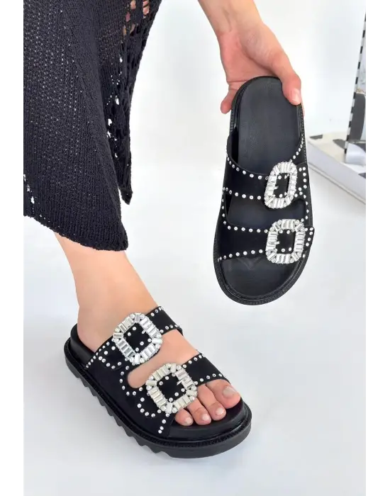 Omarı Siyah Nubuk Taşlı Terlik