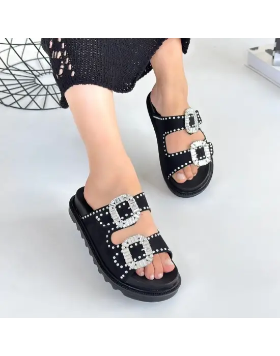 Omarı Siyah Nubuk Taşlı Terlik