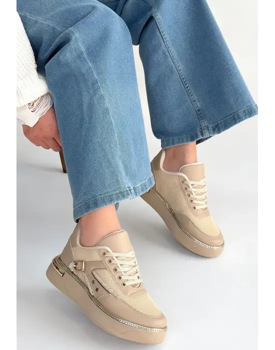 Junda Bej Cilt Bağcıklı Spor Ayakkabı