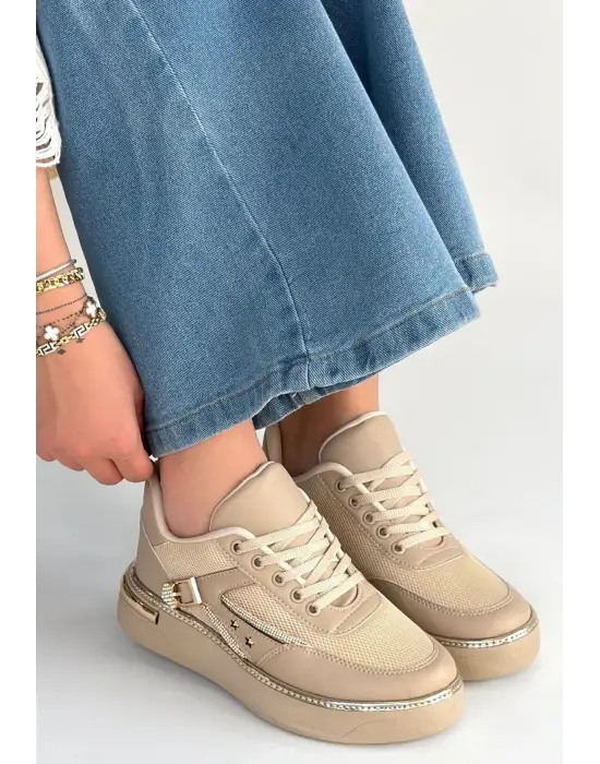 Junda Bej Cilt Bağcıklı Spor Ayakkabı