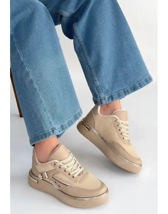Junda Bej Cilt Bağcıklı Spor Ayakkabı