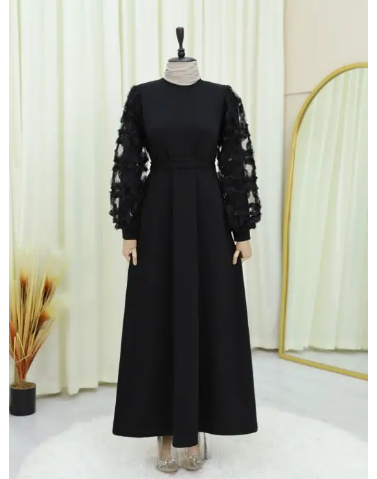 Kabartma Çiçekli Tül Kollu Kemerli Elbise -Siyah