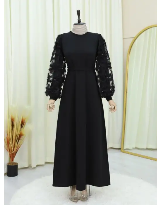 Kabartma Çiçekli Tül Kollu Kemerli Elbise -Siyah