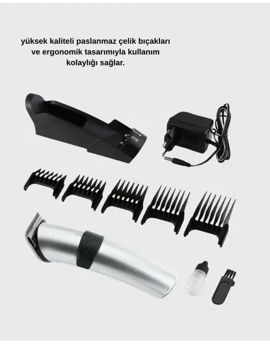 Kablosuz Profesyonel Tıraş Makinesi – Şarjlı, 60 Dakika Kullanım Süreli, Çelik Bıçaklı, Sessiz Motor
