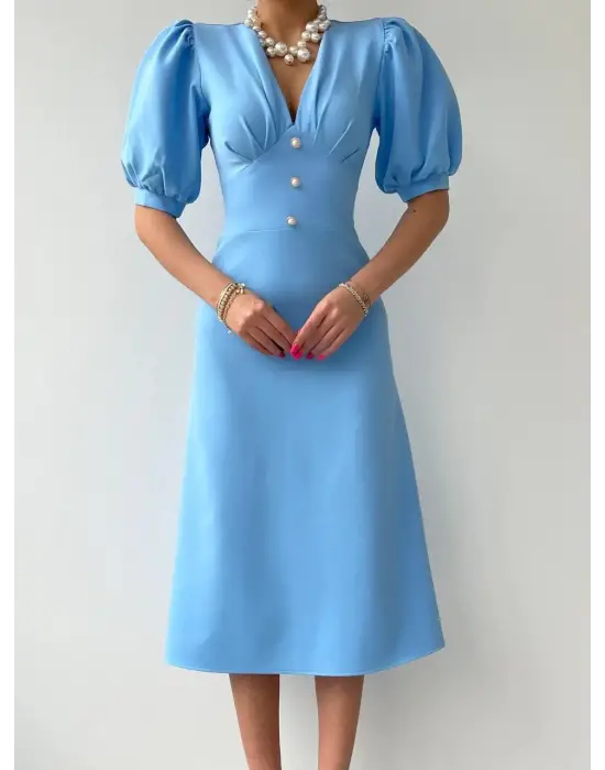 Omarı Kadife Dokulu Şık Midi Elbise