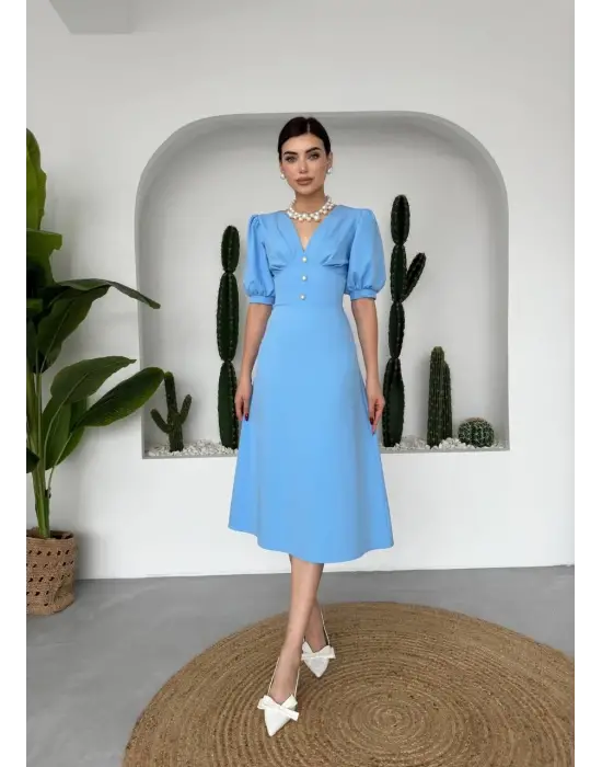 Omarı Kadife Dokulu Şık Midi Elbise