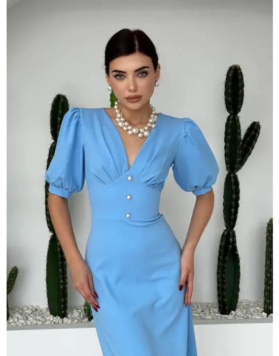 Omarı Kadife Dokulu Şık Midi Elbise