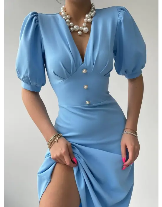 Omarı Kadife Dokulu Şık Midi Elbise