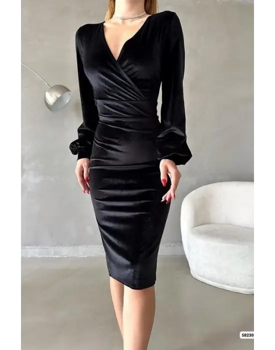 Omarı Kadife Kruvaze Yaka Balon Kol Elbise