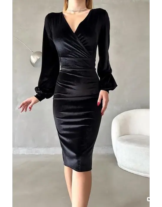 Omarı Kadife Kruvaze Yaka Balon Kol Elbise