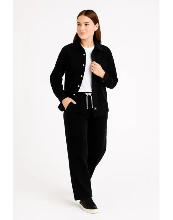 Kadife Oversize Takım – Gömlek Ve Pantolon İkili Set Füme Corduroy Şıklığı, Rahat Ve Zarif Duruş Yumuşak Dokulu Kadife Kumaş, Düğmeli Gömlek Üst Ve Lastikli Pantolon Alt Parça Ile Gün Boyu Konfor- Siyah