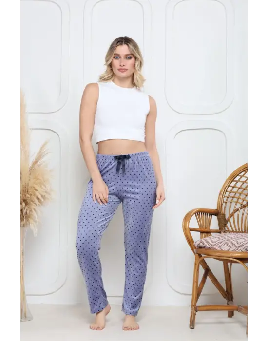 Mavi Kadife Pijama Altı Siyah Pontiye Desenli Kadın Giyim