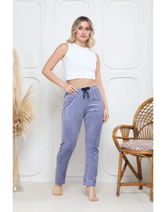 Mavi Kadife Pijama Altı Siyah Pontiye Desenli Kadın Giyim