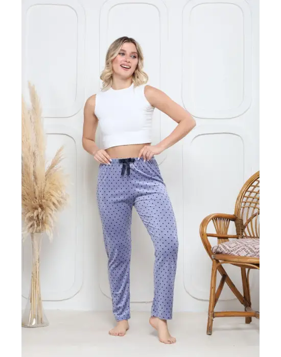 Mavi Kadife Pijama Altı Siyah Pontiye Desenli Kadın Giyim