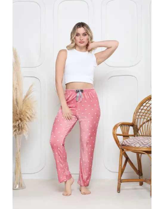 Pembe Kadife Pijama Altı Beyaz Kalpli Desenli Kadın Giyim