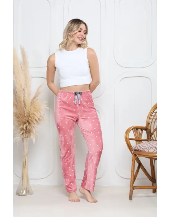 Pembe Kadife Pijama Altı Beyaz Kalpli Desenli Kadın Giyim