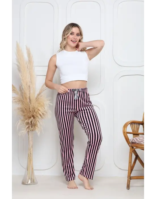 Pembe Kadife Pijama Altı Siyah Çizgi Desenli Kadın Giyim