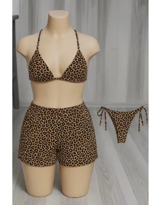 Omarı Leopar Desenli Bikini Mayo Seti